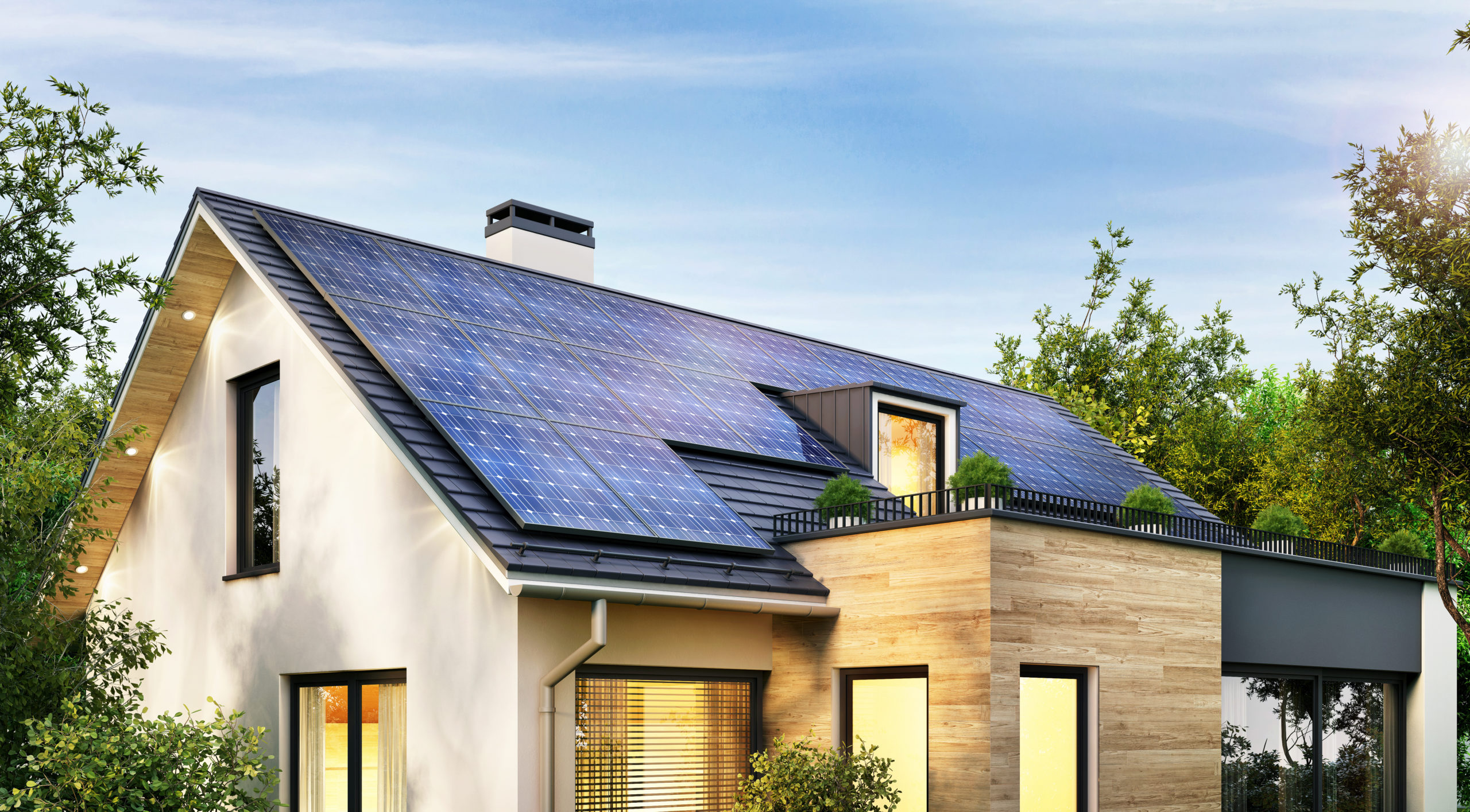Solar panels on the gable roof of a modern house